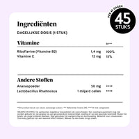 Bears with Benefits Intimate Balance Flora Vitamin – ingrediëntenlijst per dagelijkse dosis 1 stuk, riboflavine vitamine B2 1,4 mg, vitamine C 12 mg, ananaspoeder 50 mg en Lactobacillus Rhamnosus 1 miljard cellen, 45 stuks