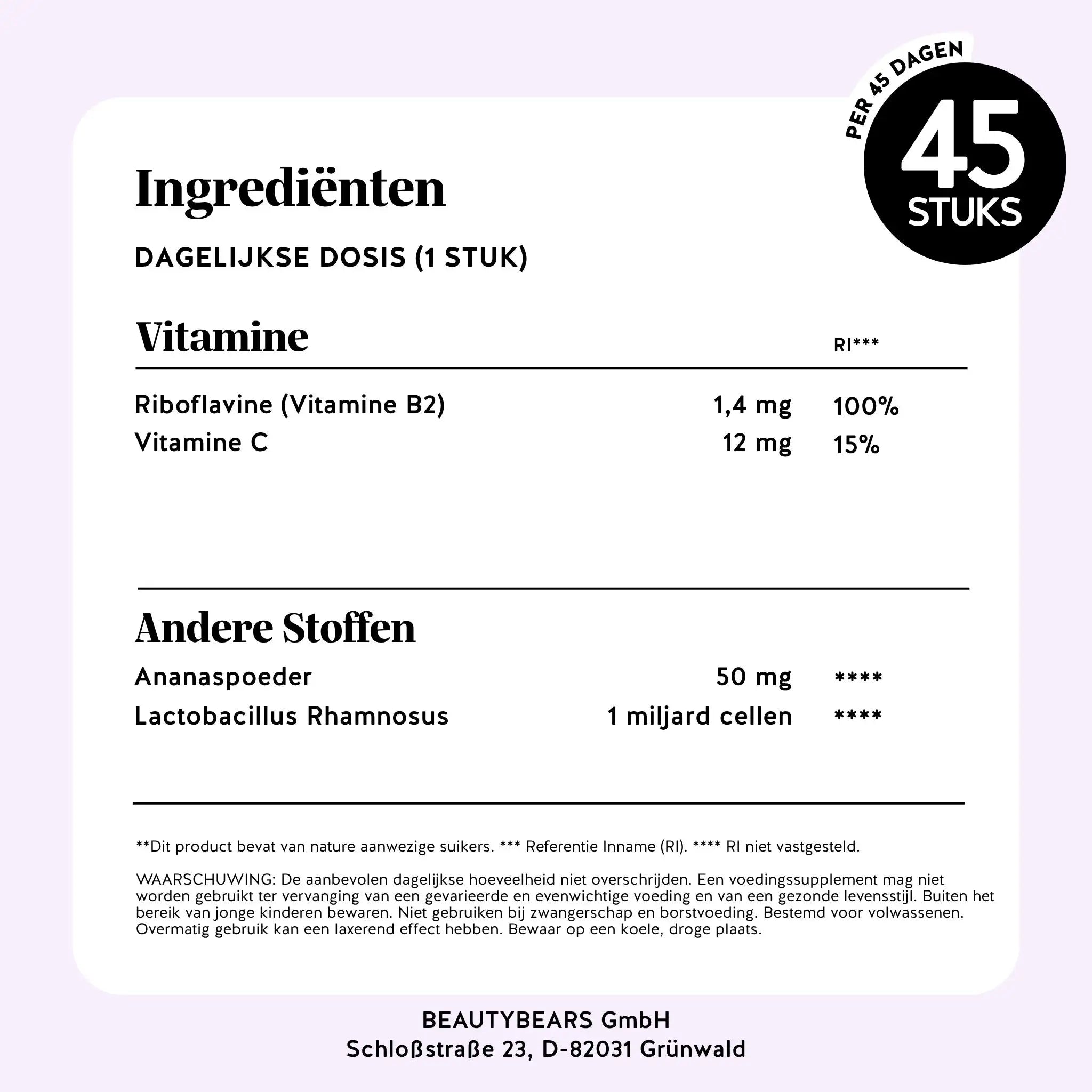 Ingrediëntenlijst van Intimate Balance Flora per dagelijkse dosis – vitamine B2, vitamine C, ananaspoeder en Lactobacillus Rhamnosus | Bears with Benefits