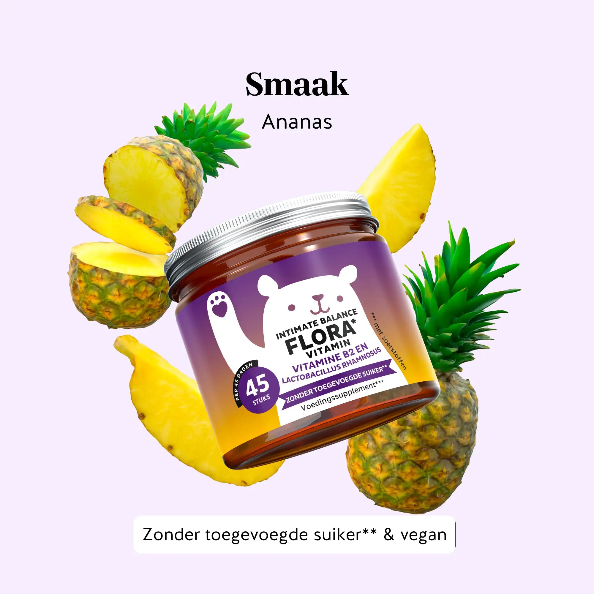 Intimate Balance Flora gummies met natuurlijke ananassmaak – potje van 45 stuks, zonder toegevoegde suikers en vegan | Bears with Benefits