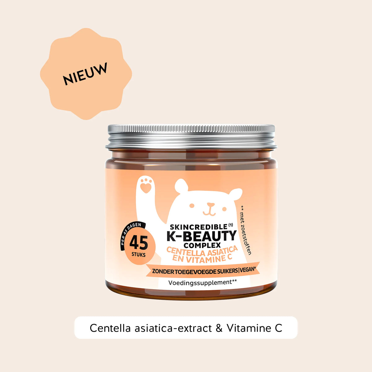 Bears with Benefits Skincredible K-Beauty Complex – Gummies met vitamine C, zink, Centella Asiatica, rijstextract en glutathion voor een normale huid, 45 gummies met mangosmaak.