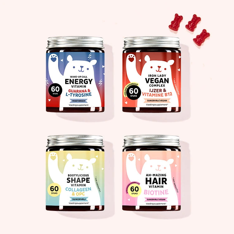 Set van 4 "Strong and Beautiful" bestaande uit de Wake-Up Call Energy Vitamins, Iron Lady Vegan Vitamins, Bootylicious Shape Vitamin, Ah-Mazing Hair Vitamin sugar-free met Guarana Extract, Vitamine B6, Vitamine D, Ashwagandha, Collagen en OPC, Biotin, en Zinc van Bears with Benefits.