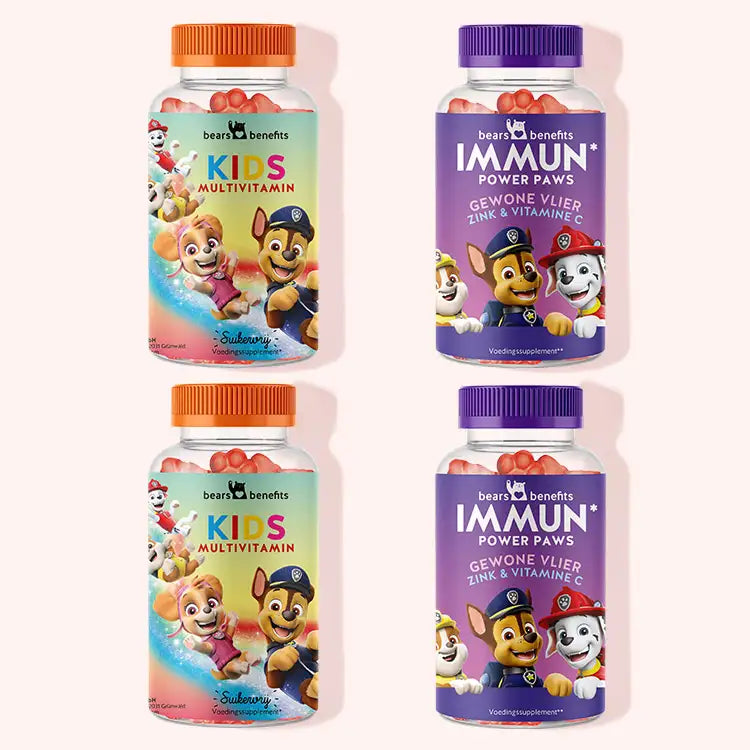 Bundel van 4 "Paw-erful Bundle" van Bears with Benefits bestaande uit de Paw Patrol Vitamins met Multivitamine en de Immune Power Paw Vitamins met Holundberry.