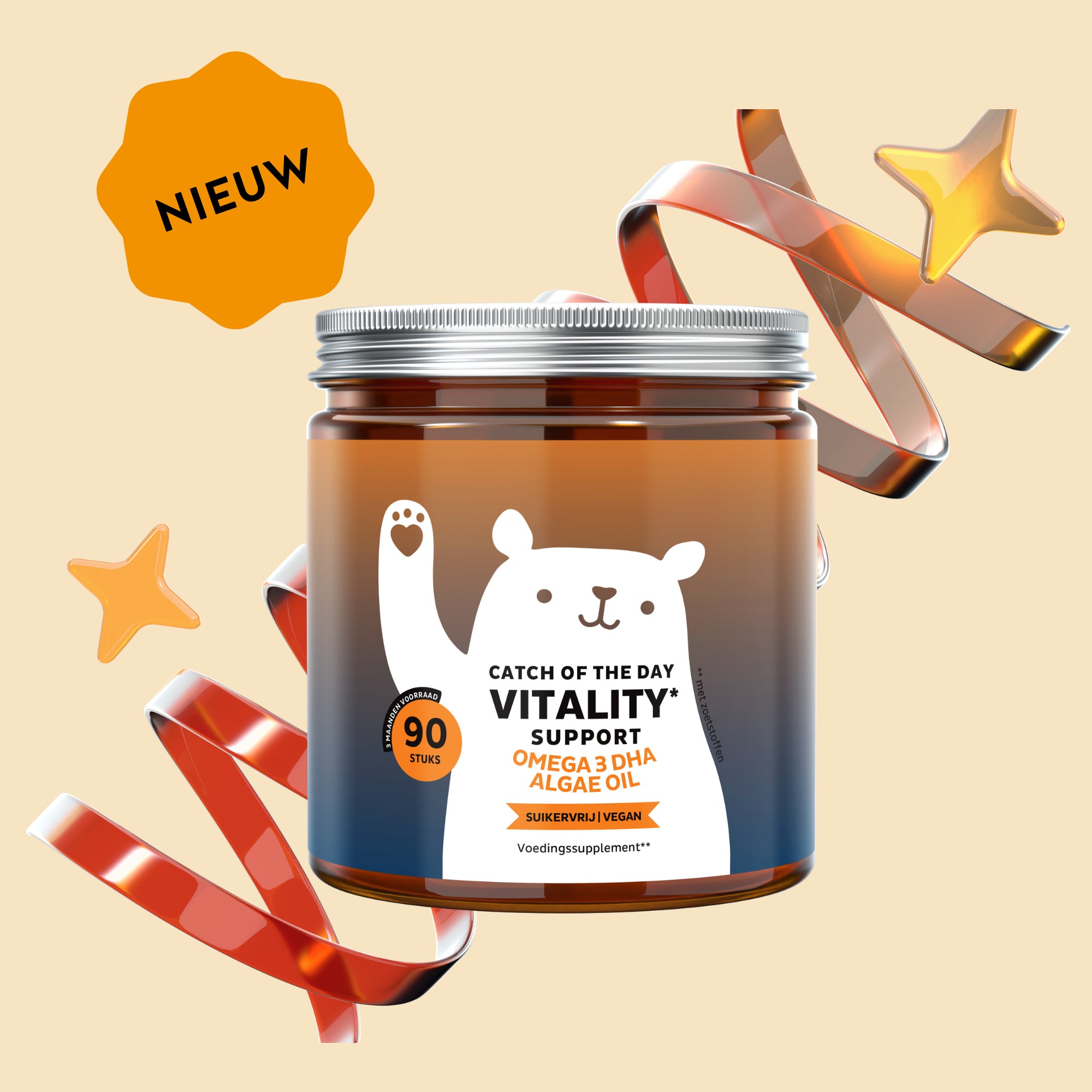 Afbeelding van het potje met 90 stuks Catch Of The Day Vitality Support vitamine gummies van Bears with Benefits, ontwikkeld ter ondersteuning van energie en immuunsysteem