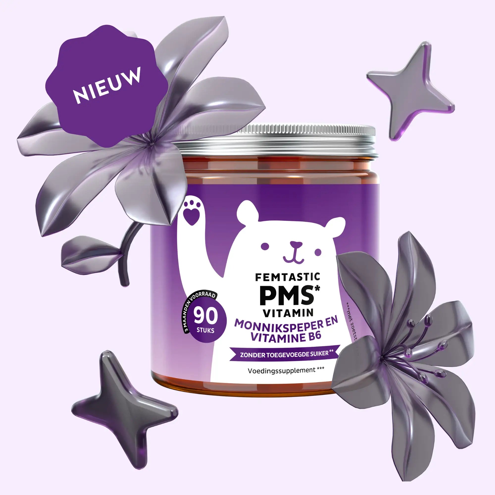 Femtastic PMS potje met 90 stuks – suikervrije, vegan gummies met monnikspeper en vitamine B6 | Bears with Benefits