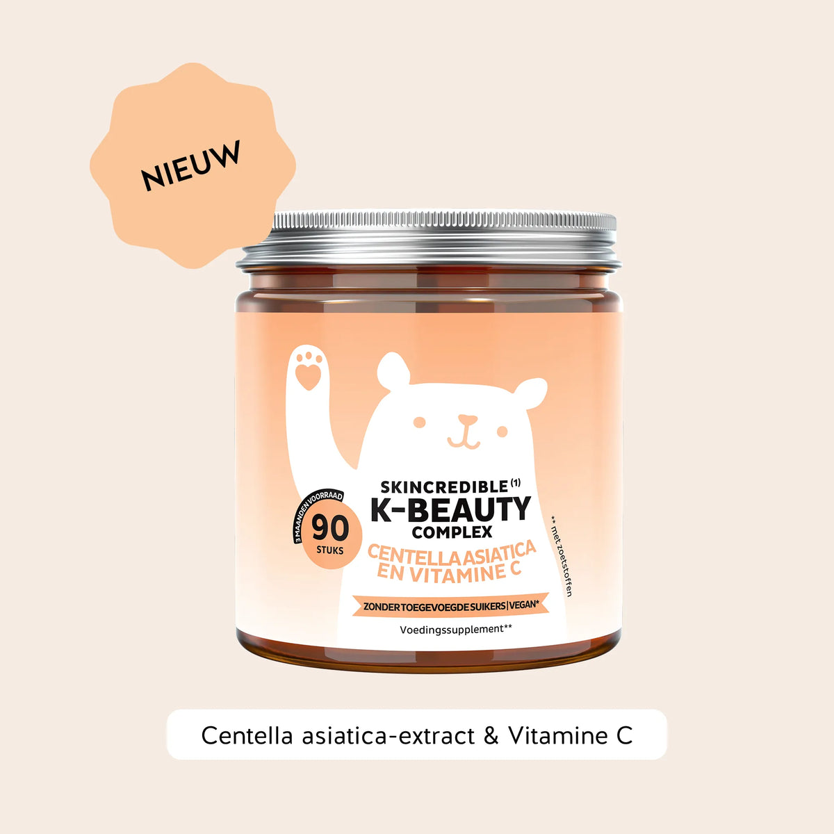 Bears with Benefits Skincredible K-Beauty Complex – Gummies met vitamine C, zink, Centella Asiatica, rijstextract en glutathion voor een normale huid, 90 gummies met mangosmaak.