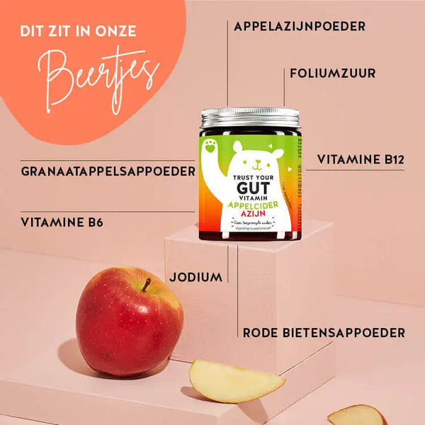 Dit zijn de ingrediënten en voedingsstoffen in Trust Your Gut Vitamins van Bears with Benefits: appelciderazijnpoeder, foliumzuur, bietensappoeder, jodium, vitamine B6, B12 en granaatappelsappoeder.