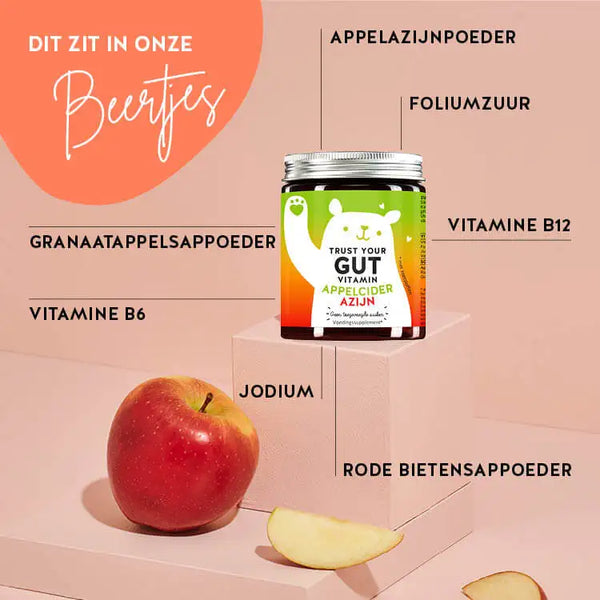 Dit zijn de ingrediënten en voedingsstoffen in Trust Your Gut Vitamins van Bears with Benefits: appelciderazijnpoeder, foliumzuur, bietensappoeder, jodium, vitamine B6, B12 en granaatappelsappoeder.