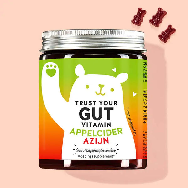 Een blikje Trust Your Gut Vitamins with Apple Cider Vinegar van Bears with Benefits voor het welzijn van de darmen.
