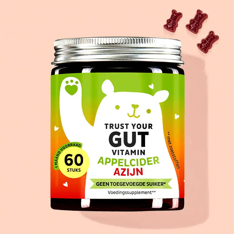Een blikje Trust Your Gut Vitamins with Apple Cider Vinegar van Bears with Benefits voor het welzijn van de darmen.