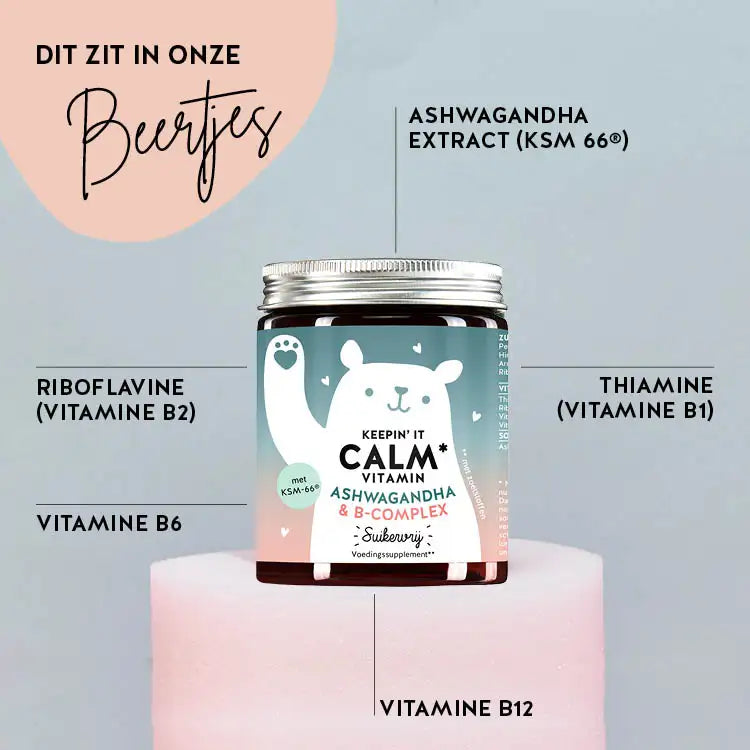 Deze afbeelding toont de ingrediënten van de Keepin `It Calm Bears with Ashwagandha & B-Complex van Bears with Benefits. Ashwaganda, vitamine B2, vitamine B6, vitamine B12 en vitamine B1.