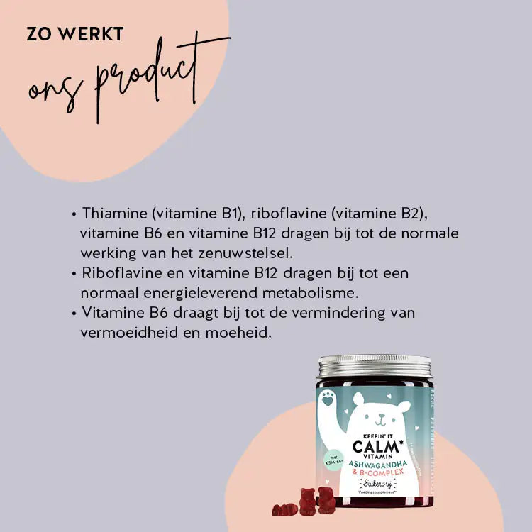 Dit is hoe Keepin` It Calm vitaminen met Ashwaganda & B-complex werken: Ashwaganda draagt bij aan een optimale regeneratie van lichaamscellen, reguleert de hormoonactiviteit, vermindert ontstekingen, helpt tegen slapeloosheid, verlaagt de bloedsuiker- en cortisolspiegel, kan symptomen van angst en depressie verminderen, de hersenfunctie kan worden verbeterd en gevoelens van stress kunnen verminderen.