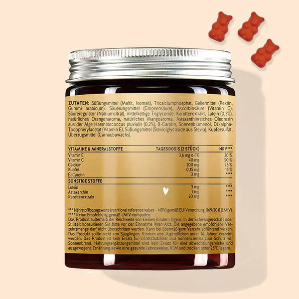 Hier is de achterkant van de verpakking van de Golden Goddess Tan Bears with Beta Carotene. Het toont de voedingsinformatie en de lijst van ingrediënten van het product.