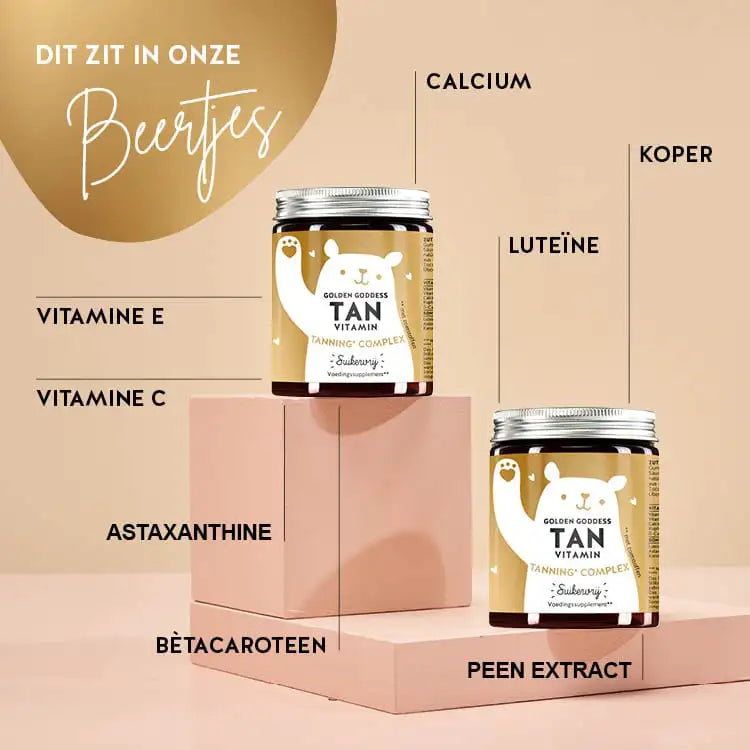 Deze foto toont de ingrediënten van de Golden Goddes Tan Bears met Beta Caroteen. Bètacaroteen, astaxanthine, vitamine C en E, calcium, luteïne, koper en wortelextract.