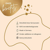 Deze foto toont de voordelen van het Golden Goddes Tan product van Bears with Benefits. Ontwikkeld door apothekers, 100% tevredenheidsgarantie, Hoge biologische beschikbaarheid, Gluten- en lactosevrij, Vrij van kunstmatige kleur- en smaakstoffen, Gerecycled PET voor het milieu.
