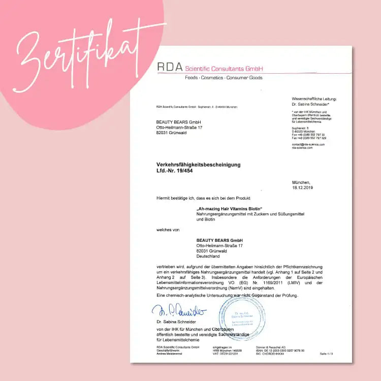 Deze foto toont het certificaat voor de Ah-mazing Bears with Biotin van Bears with Benefits.