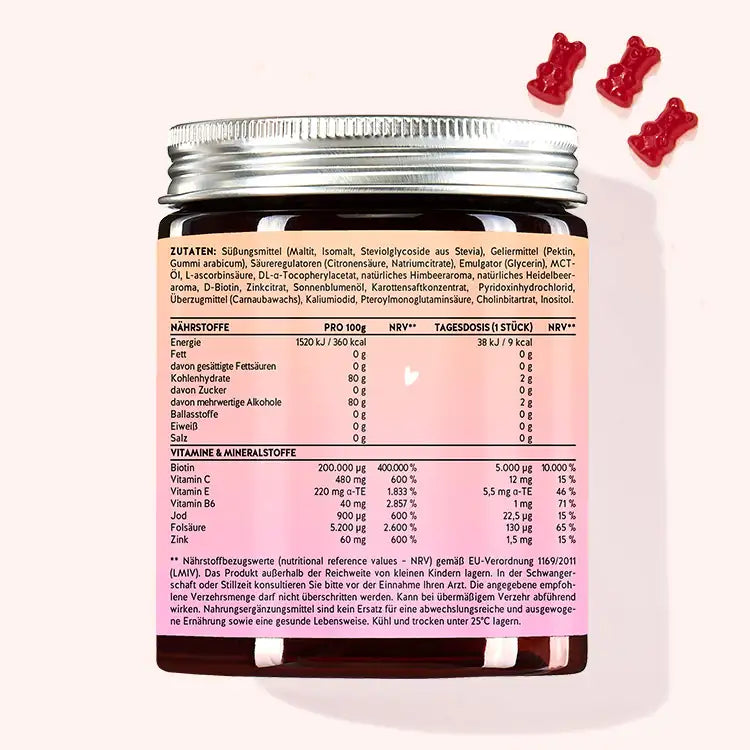 Hier zie je de achterkant van de verpakking van de Ah-Mazing Hair Bears met Biotine (suikervrij). Hierop staat de voedingsinformatie en de ingrediëntenlijst van het product.