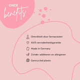 Onze voordelen met de Biotin Bears Ah-Mazing Hair. Ontwikkelt door farmaceuten, 100% tevredenheidsgarantie, Made in Germany, Zonder additieven en allergenen, gerecycled plastic.