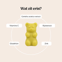 Bears with Benefits Skincredible K-Beauty Complex – Ingrediënten en voordelen: vitamine C en zink voor een normale huid, met Centella Asiatica, rijstextract en glutathion, gummies met mangosmaak.