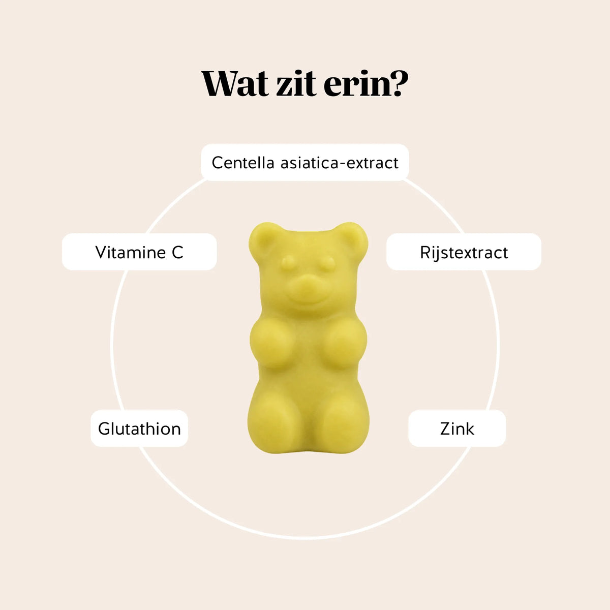 Bears with Benefits Skincredible K-Beauty Complex – Ingrediënten en voordelen: vitamine C en zink voor een normale huid, met Centella Asiatica, rijstextract en glutathion, gummies met mangosmaak.