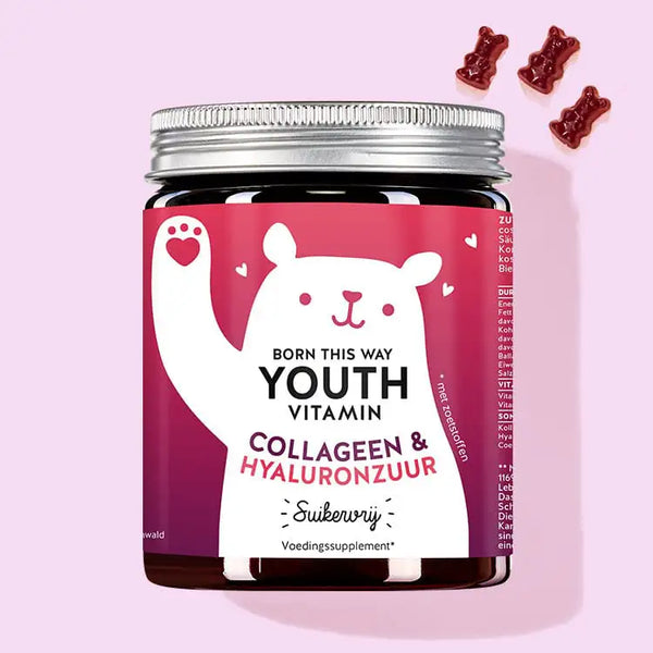 Een blikje Born This Way Youth Vitamins met collageen en hyaluron van Bears with Benefits voor een anti-verouderingsboost.