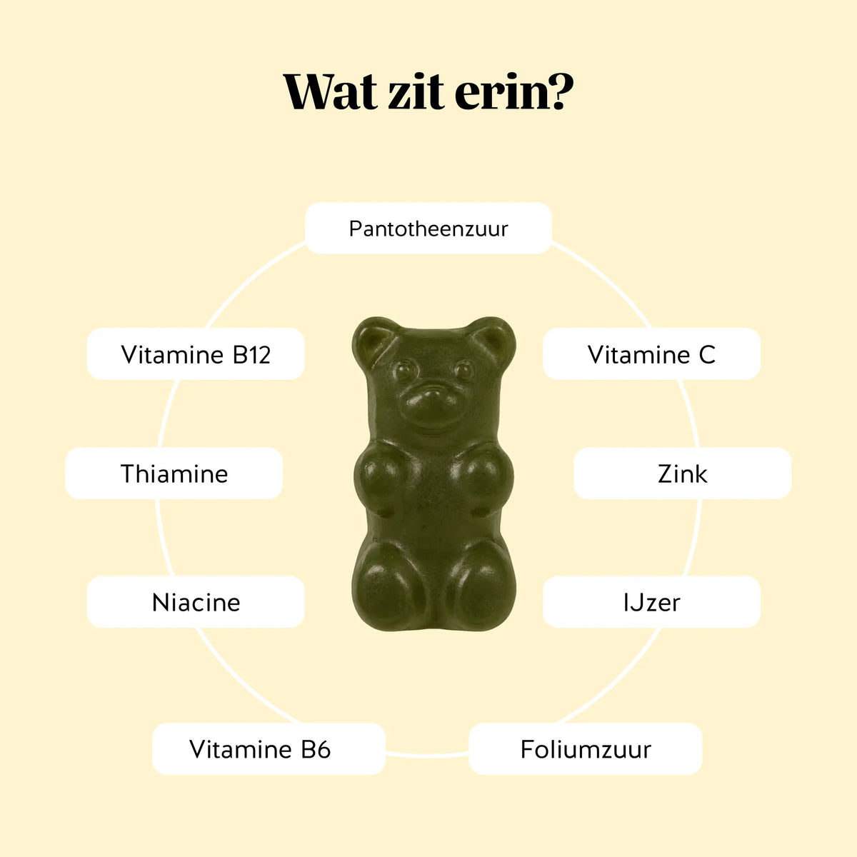 Bears with Benefits DAILY ROUTINE GREENS VITAMIN – welke ingrediënten: 8 plantenextracten (artisjok, moringa, broccoli, gerstegras, chlorella, peterselie, spinazie, selderij) met vitamine C, B12, thiamine, niacine, B6, foliumzuur, pantotheenzuur, zink en ijzer