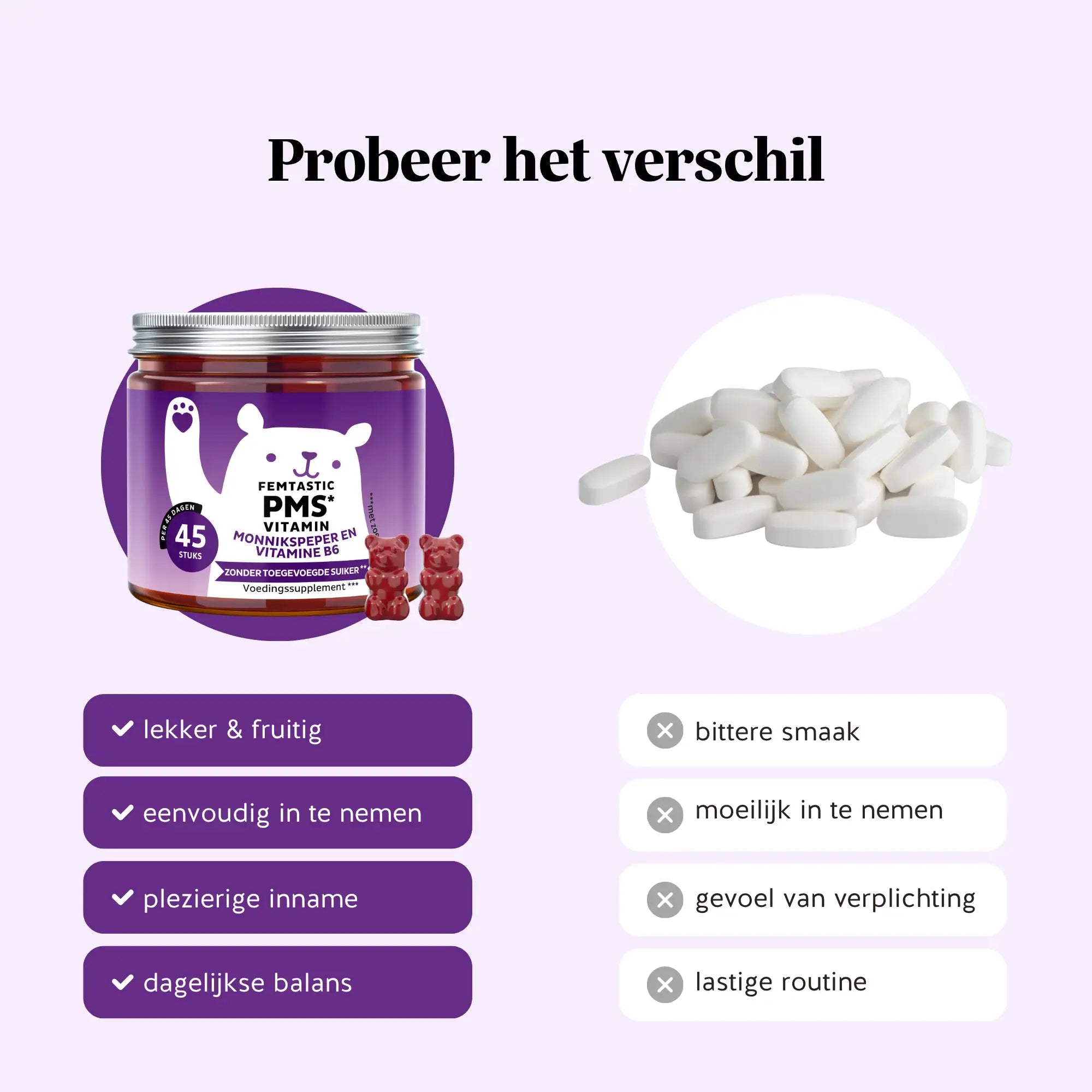 Vergelijking gummies vs pillen: links potje Femtastic PMS met rode gummybeertjes – lekker en eenvoudig in te nemen; rechts witte pillen met bittere smaak | Bears with Benefits