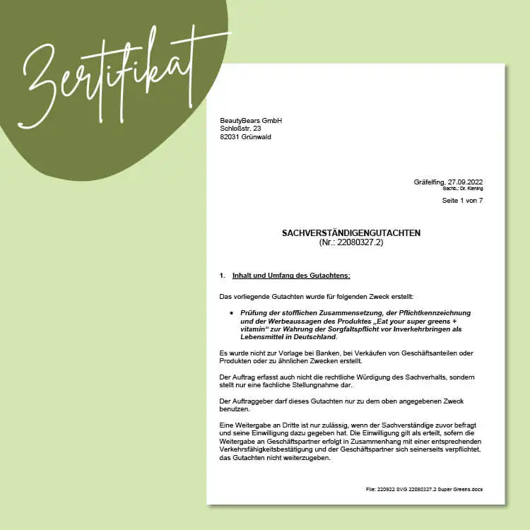 Dit is het Eat your Super Greens Vitamins certificaat van Bears with Benefits.