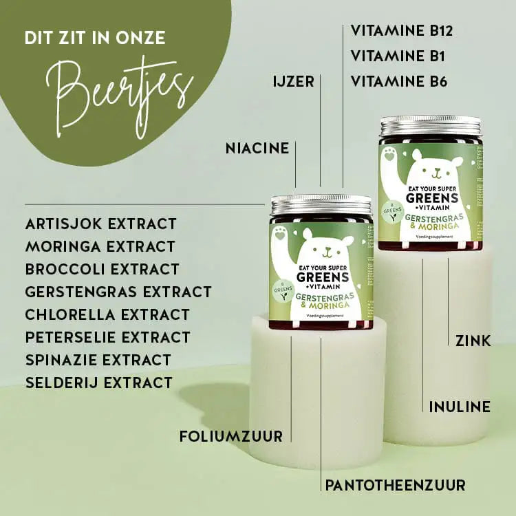 Deze ingrediënten en voedingsstoffen zitten in de Eat your Super Greens Vitamins van Bears with Benefits: Vitamine B12, B1, B6, Niacine, Foliumzuur, Pantotheenzuur, Zink, IJzer, Artisjokblad Extract, Moringa blad Extract, Broccoli Extract, Gerstegras Extract, Chlorella Extract, Peterselie Extract, Spinazie Extract, Selderij Extract, Inuline.