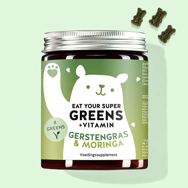 Een blikje Eat your Super Greens met gerstegras, moringa & 6 andere greens van Bears with Benefits als allrounder voor je welzijn.