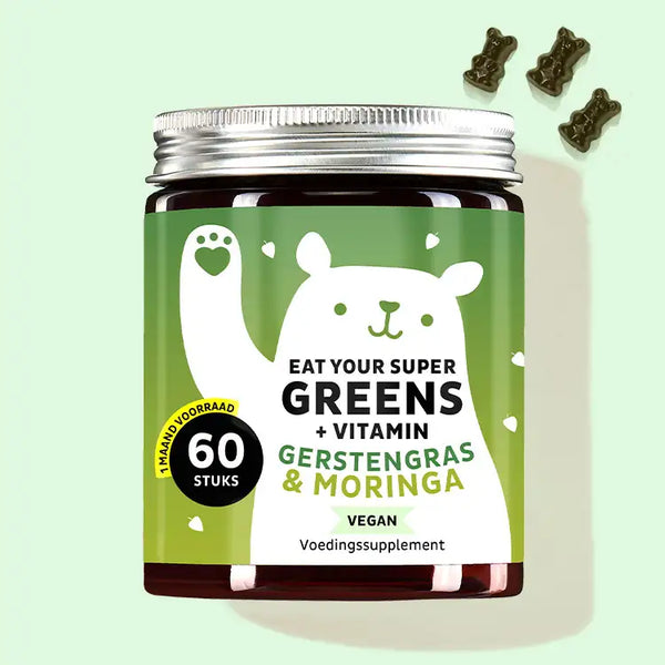 Een blikje Eat your Super Greens met gerstegras, moringa & 6 andere greens van Bears with Benefits als allrounder voor je welzijn.