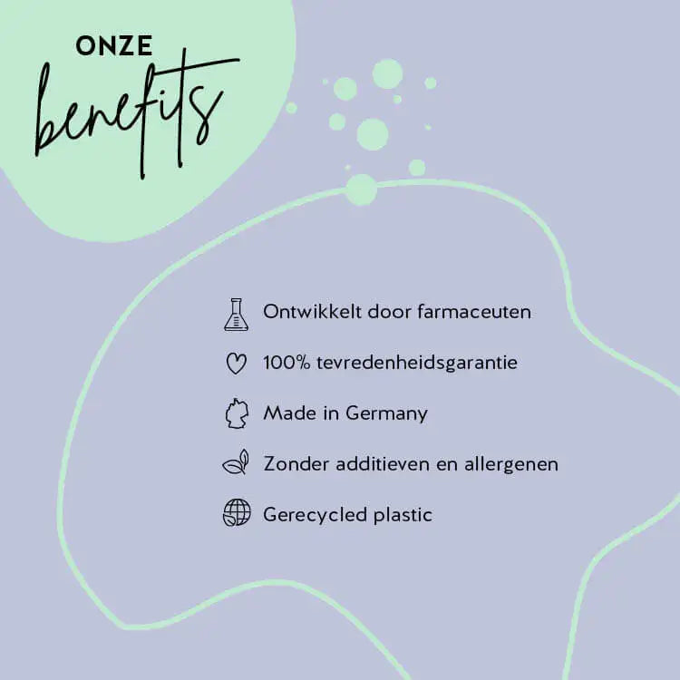 Deze afbeelding toont de voordelen van het product Beauty & Brains Focus van Bears with Benefits. Ontwikkeld door apothekers, 100% tevredenheidsgarantie, Hoge biologische beschikbaarheid, Gluten- en lactosevrij, Vrij van kunstmatige kleur- en smaakstoffen, Gerecycled PET voor het milieu.