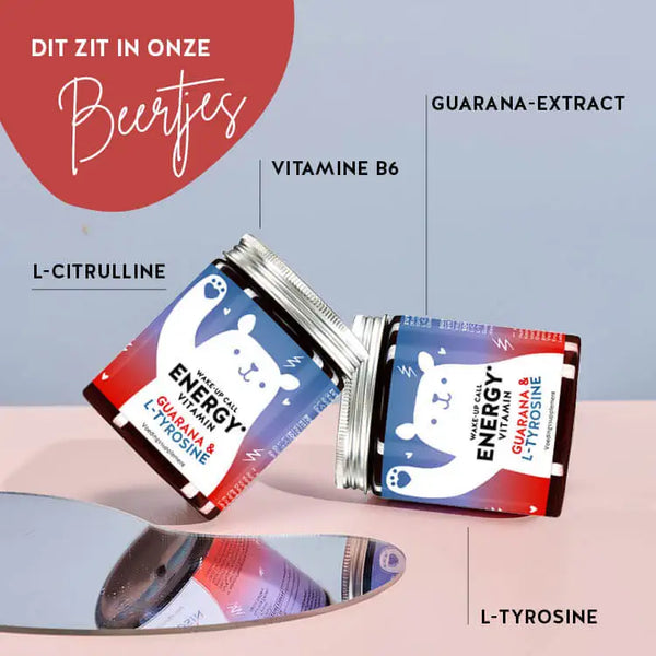 Deze ingrediënten en voedingsstoffen zitten in de Wake-Up Call Energy Vitamins van Bears with Benefits: L-citrulline, vitamine B6, guarana en L-tyrosine.