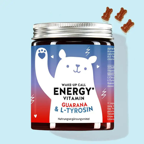 Een blikje Wake-Up Call Energy Vitamins met guarana-extract en vitamine B6 van Bears with Benefits voor een natuurlijke energiekick.
