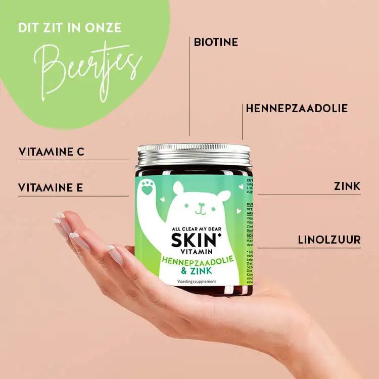 Dat zit in de All Dear my Clear Bears met hennepzaadolie en zink van Bears with Benefits. Hennepzaadolie, zink, vitamine E, vitamine C en biotine.