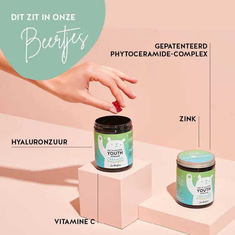 Deze ingrediënten en voedingsstoffen zitten in de Hey Flawless Youth Vitamins van Bears with Benefits: Gepatenteerd fytoceramide complex, zink, hyaluronzuur en vitamine C.