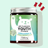 Een blikje Hey Flawless Youth Vitamins met ceramiden en hyaluron van Bears with Benefits voor meer vocht en de veganistische anti-aging boost.