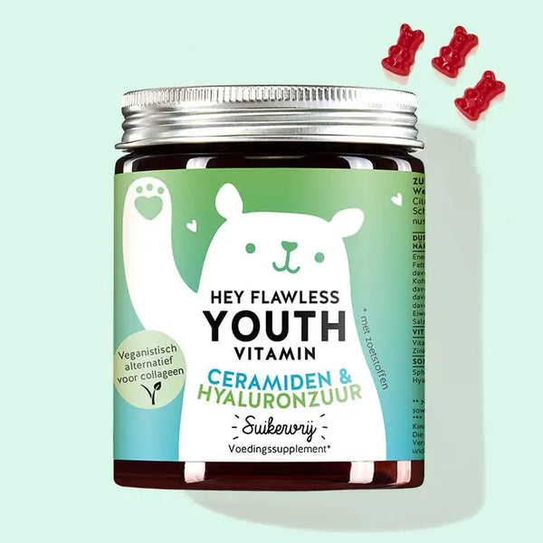Een blikje Hey Flawless Youth Vitamins met ceramiden en hyaluron van Bears with Benefits voor meer vocht en de veganistische anti-aging boost.