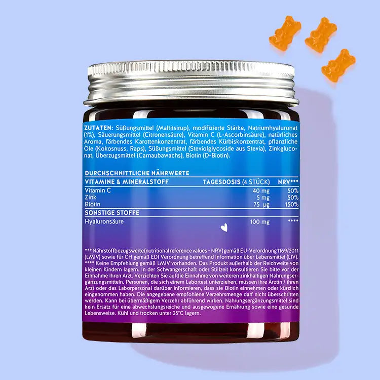 Dit is de achterkant van de verpakking van You Glow, Girl with Biotin, Zinc and Hyaluron. Hierop staan de voedingsinformatie en de ingrediëntenlijst van het product.