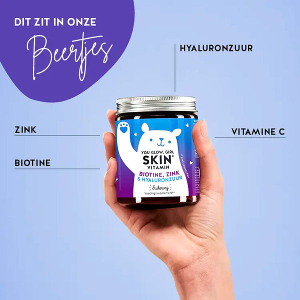 Deze afbeelding toont de ingrediënten van de You Glow, Girl Skin met Biotine, Zink en Hyaluron van Bears with Benefits. Hyaluronzuur, zink, biotine en vitamine C.