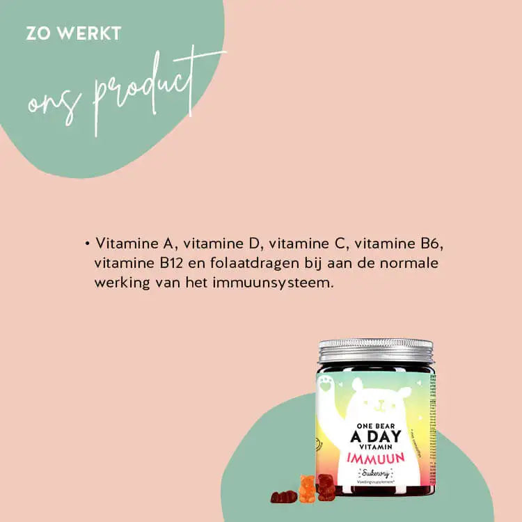 Dit is hoe de One Bear A Day Immune Vitamins van Bears with Benefits met Multivitaminencomplex werken: voor een normale werking van het immuunsysteem, vooral tijdens het koude seizoen, heeft het lichaam een verhoogde vitamine-inname nodig, voorzien van alle essentiële vitamines.