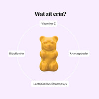 Bears with Benefits Intimate Balance Flora Vitamin – ingrediëntenoverzicht van gummies voor natuurlijke balans, met vitamine C, riboflavine, ananaspoeder en Lactobacillus Rhamnosus
