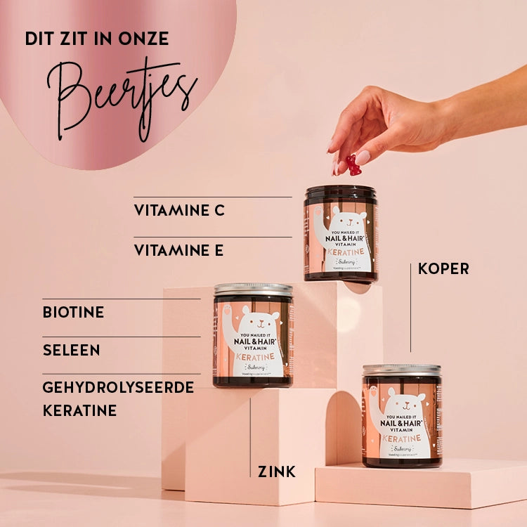 Deze afbeelding toont de ingrediënten van het product You Nailed it Nail & Hair with Keratin van Bears with Benefits: vitamine C, vitamine E, biotine, selenium, gehydrolyseerde keratine, zink en koper.