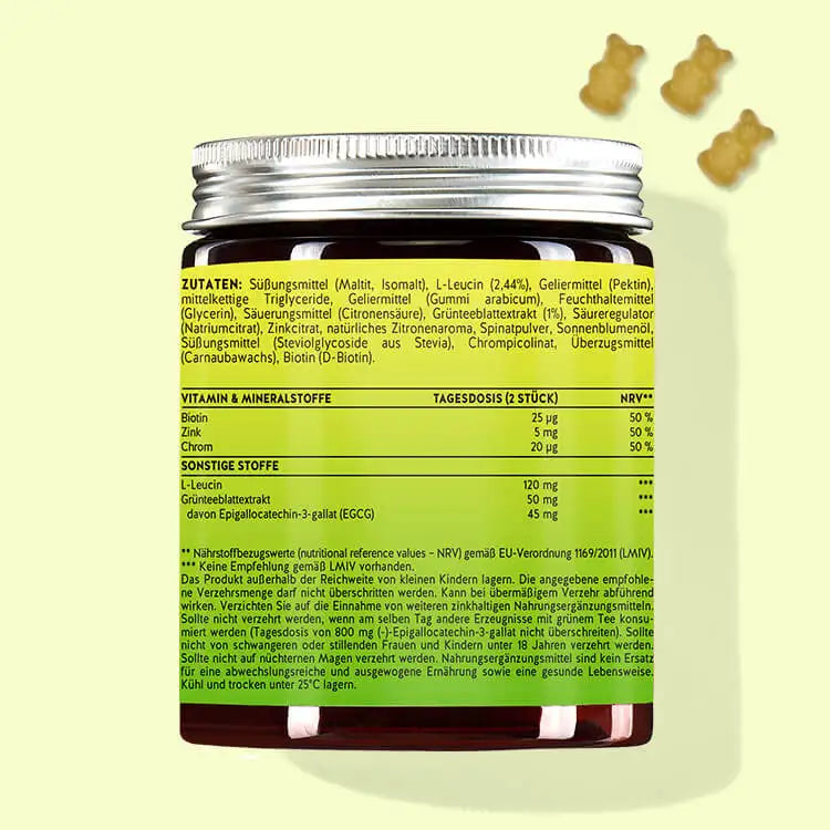 De achterkant van de Burn Baby Burn Shape kan met chroom, L-leucine en groene thee bladextract van Bears with Benefits voor de vetstofwisseling.