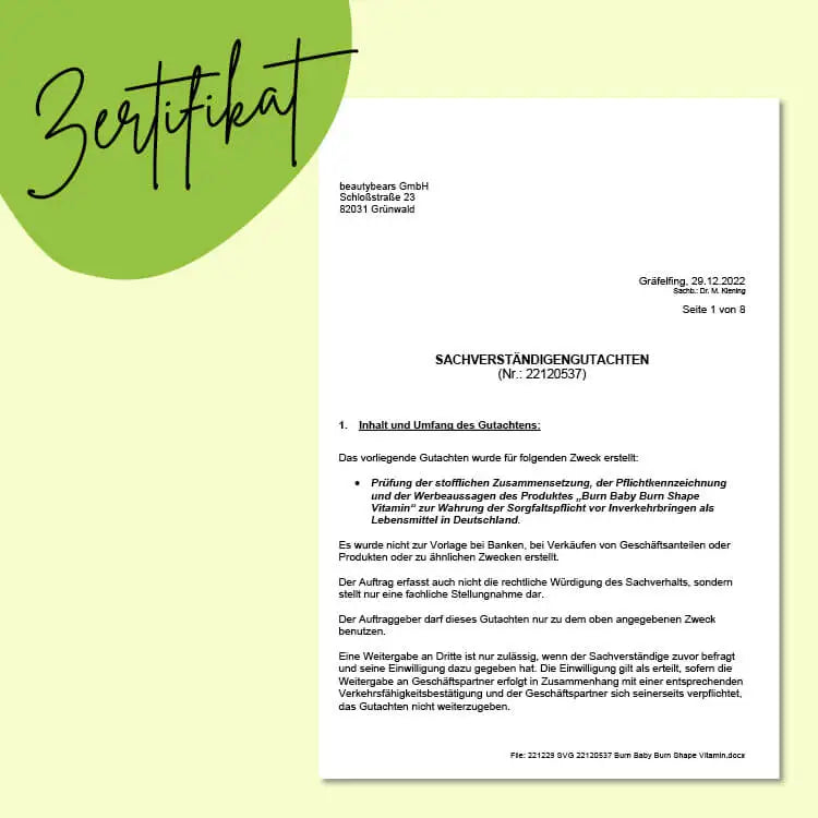 Dit is het certificaat van de Burn Baby Burn Shape Vitaminen van Bears with Benefits.