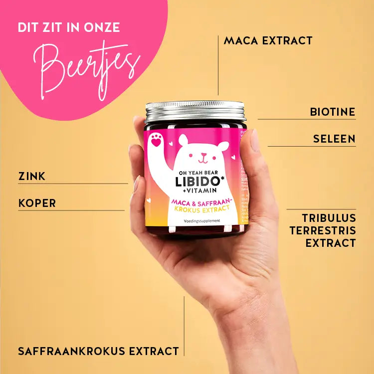 Deze afbeelding toont de ingrediënten van Oh Yeah Libido Bears met Maca. Hierop staat de voedingsinformatie en de ingrediëntenlijst van het product. Maca wortel extract, biotine, selenium, tribulus terrestris, saffraan extract, koper en zink.
