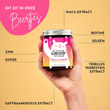 Deze afbeelding toont de ingrediënten van Oh Yeah Libido Bears met Maca. Hierop staat de voedingsinformatie en de ingrediëntenlijst van het product. Maca wortel extract, biotine, selenium, tribulus terrestris, saffraan extract, koper en zink.