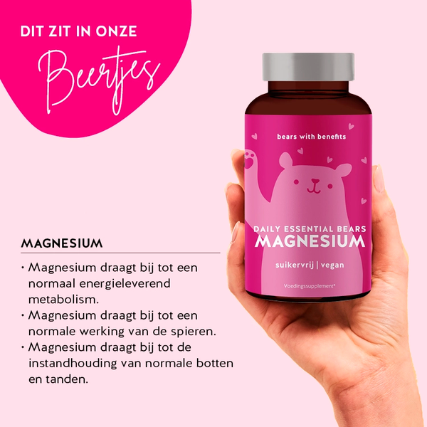 Deze afbeelding toont de ingrediënten van het product Daily Essential Bears with Magnesium van Bears with Benefits.