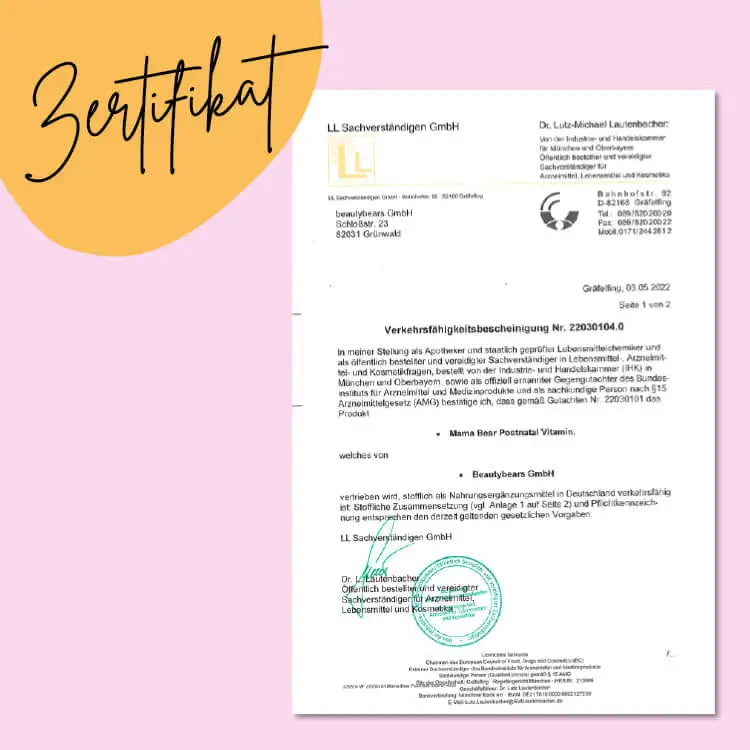 Dit is het Mama Bear Post-Natal Vitamins certificaat van Bears with Benefits.