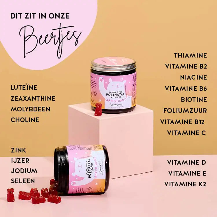 Deze ingrediënten en voedingsstoffen zitten in de Mama Bear Post-Natal Vitamins van Bears with Benefits: zink, ijzer, jodium, selenium, luteïne, zeaxanthine, molybdeen, choline, niacine, biotine, foliumzuur en vitamine B1, B2, B6, B12, C, D3, E en K2.