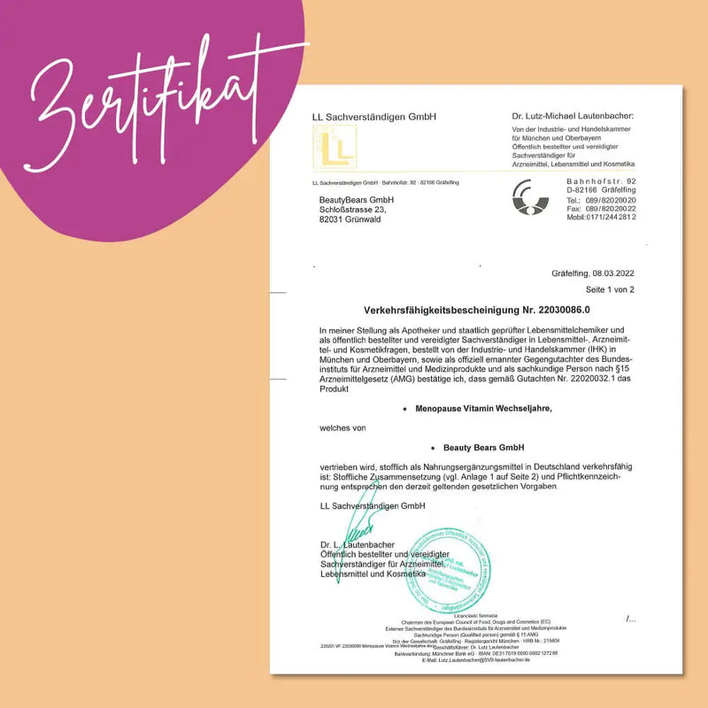 Dit is het certificaat van de I am Woman Menopause Vitamins van Bears with Benefits.